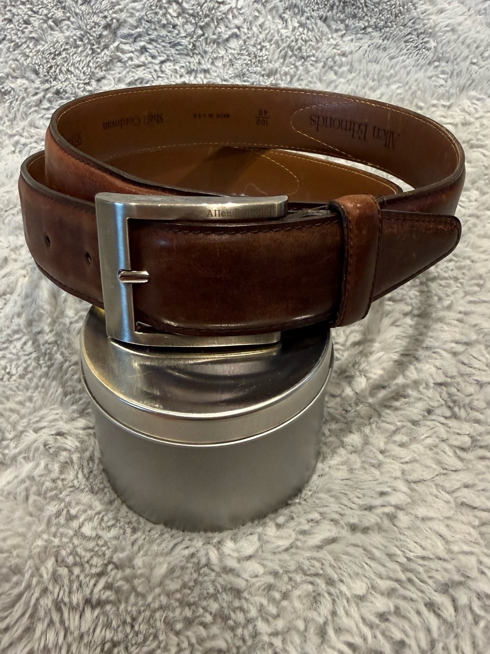 Allen Edmonds Shell Cordovan Brown Leather Men's Belt with Brushed Silver Buckle